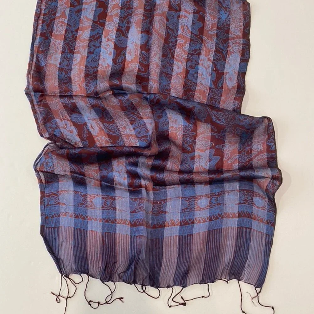 Sheer silk blue / purple scarf with fringe